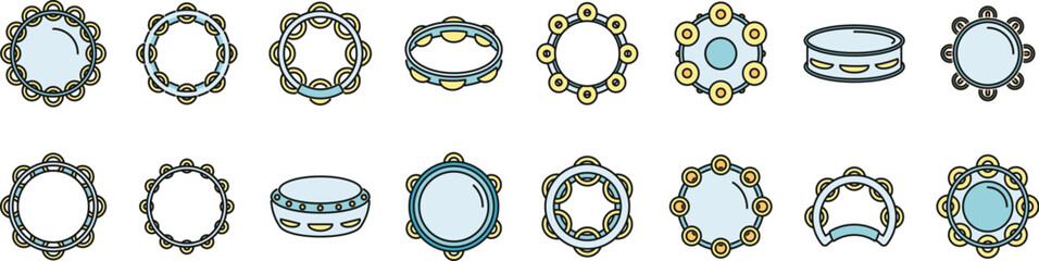 Wall Mural - Tambourine icons set outline vector. Carnival samba. Music brazil thin line color flat on white