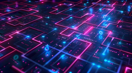 Wall Mural - Navigating the Maze of Digital Optimization:Algorithms Collaboratively Solving Challenges in a Futuristic Neon Landscape