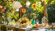 Festive Outdoor Party Table with Vibrant Decor and Natural Backdrop