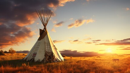 A Native American wigwam on a grassy plain at sunset. The house of the Inhabitants of the Tribe in the field.