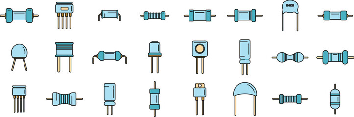 Sticker - Resistor icons set outline vector. Capacitor chip. Battery board thin line color flat on white