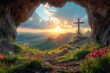 Easter concept, holy cross, sunset, view from the cave