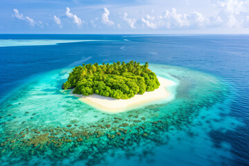 Wall Mural - Aerial view of a vibrant turquoise atoll with lush green islands scattered throughout, surrounded by the vast Indian Ocean