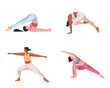 Set of isolated woman yoga poses. Vector symbol of asana stretching or fitness posture for physical health and flexibility. Halasana or plow, plough and revolved side angle, warrior II or two position