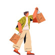 Man with bags in hurry to shop or supermarket. Vector male at sale event. Enthusiastic shopper at promotion or discount purchase. Buyer at store or mall, market. Retail and customer, consumer sign