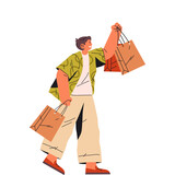Fototapeta Kosmos - Man with bags in hurry to shop or supermarket. Vector male at sale event. Enthusiastic shopper at promotion or discount purchase. Buyer at store or mall, market. Retail and customer, consumer sign