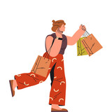 Fototapeta Kosmos - Woman shopper with bag run to supermarket or store. Vector shopper at shop discount promotion or sale event. Excited customer girl at seasonal purchase. Supermarket or market, mall retail. Shopaholic