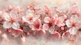 Fototapeta Kwiaty - A bunch of pink cherry blossoms fills the frame. The delicate flowers have soft white centers and are in full bloom. The background is blurred, creating a dreamy effect.