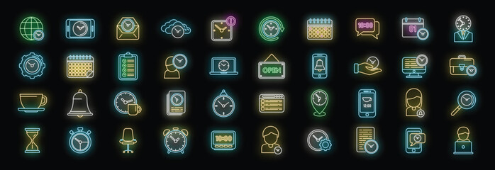 Flexible working hours icons set outline vector. Alarm clock. Work flexible neon color on black