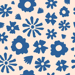 Wall Mural - Seamless pattern with blue groovy daisy flowers on a beige background. Vector illustration	