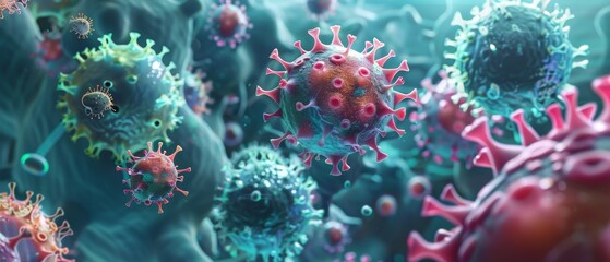 Infected macro cells, virus bacteria, abstract 3D objects, microbiology background