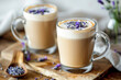 Lavender Latte in Clear Mugs on Wooden Tray