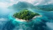 An aerial view of a lush tropical island surrounded by coral reefs