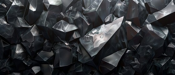Poster - A 3D render of a black crystal background with facets, a macro panorama, and a wide panoramic polygonal wallpaper