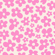 Seamless pattern with pink groovy daisy flowers on a beige background. Vector illustration	
