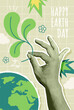 Vintage 90s style Happy Earth Day design banner with hands protecting globe. With retro style. Vector illustration for poster or greeting card. Earth day concept.