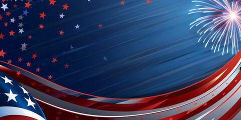 A festive patriotic scene with colorful fireworks and shining stars filling the sky banner