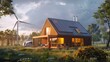 Modern eco house with solar panels and windmills to use alternative energy. Clean electricity concept.