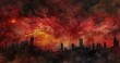 a dark and moody abstract watercolor matte painting of a twighlit sky of deep reds and oranges. In the foreground the silhouette of a civilization constructed from discarded rubbish