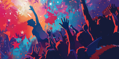 Wall Mural - A crowd of people enthusiastically raising their hands at a concert banner