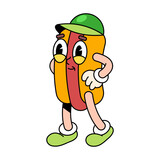 Fototapeta  - Hot dog standing with cap. Vector pop art icon for street or fast food. Comic or funny badge or logo for junk or unhealthy nutrition. Popart isolated retro symbol for 80s or 70s mascot.Character print