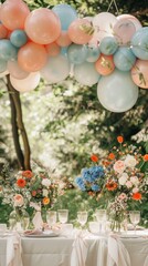 Poster - A table with a bunch of balloons and flowers