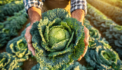 Wall Mural - Close-up of two wrinkled hands (cupped hands) of a senior male farmer, holding a fresh harvested kale cabbage. Cabbage cultivation on blurred background. Generative Ai.