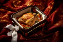 Tempting Roast Chicken In A Bento Box Against A Silk Fabric Background