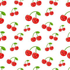 Wall Mural - Cute cherry seamless pattern. Good for textile, wrapping, wallpapers, etc. Sweet red ripe cherries isolated on white background. Vector illustration.