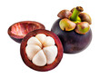 Two fresh mangosteen fruits, closeup and isolated