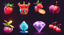 Set Of Slot Game Icon With Colorful On Dark Background, Illustration