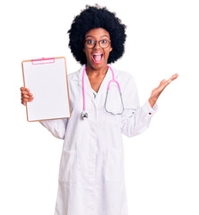 Poster - Young african american woman wearing doctor stethoscope holding clipboard celebrating victory with happy smile and winner expression with raised hands