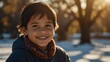 kid child indigenous boy on morning sunlight winter park background smiling happy looking at camera with copy space for banner backdrop from Generative AI