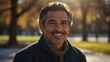 middle aged hispanic man on morning sunlight winter park background smiling happy looking at camera with copy space for banner backdrop from Generative AI