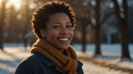 Wall Mural - middle aged black african woman on morning sunlight winter park background smiling happy looking at camera with copy space for banner backdrop from Generative AI