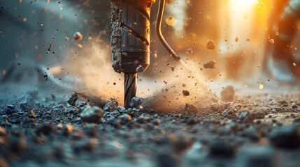 Macro Shot of Concrete Driller at Work with Flying Debris and Intense Sunlight