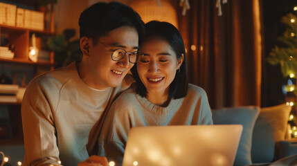 Smiling Asian Couple Browsing on Laptop Together in Cozy Home Setting