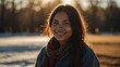 young indigenous woman on morning sunlight winter park background smiling happy looking at camera with copy space for banner backdrop from Generative AI