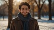 young middle eastern man on morning sunlight winter park background smiling happy looking at camera with copy space for banner backdrop from Generative AI