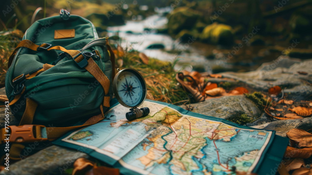 Trekking gear with map and compass on rock, essential tools for ...