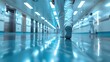 Hallway in a hospital with motion-blurred medical personnel walking by, urgency and movement