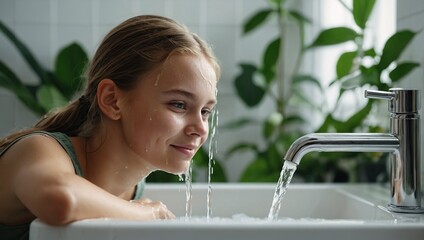 Wall Mural - Happy young beautiful Caucasian woman takes care of her facial skin.