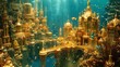 A breathtaking underwater cityscape, resplendent with golden architecture surrounded by marine life and coral reefs.