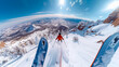 POV photography of a skier on the top of a mountain, in front of him a beautifully snowy vale big blue sky, on the edge of the picture we can see the edge of the snow mask, on bottom we see the skis a