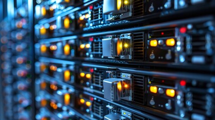 Canvas Print - A close up of a rack full of servers with lights on, AI