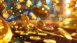 Golden coins tumbling with bokeh light background - A multitude of golden coins tumbling through a field of soft bokeh lights, reflecting concepts of fortune and commerce