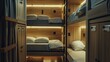 Close-up photo capturing the interior of a modern hostel dormitory with neat bunk beds