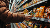 Fototapeta Kosmos - Close-up photograph of a shoppers hands comparing two products in a well-lit supermarket aisle focusing on the decision-making process