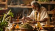 High-definition photo of an Ayurvedic practitioner preparing herbal remedies in a traditional setting surrounded by a variety of herbs