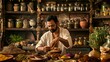 High-definition photo of an Ayurvedic practitioner preparing herbal remedies in a traditional setting surrounded by a variety of herbs